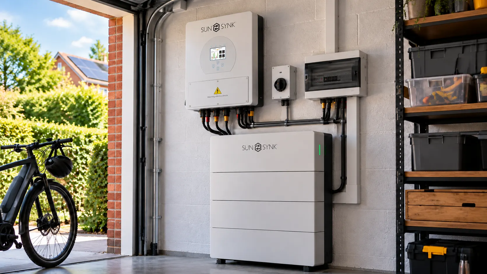 Sunsynk inverter and battery in a garage
