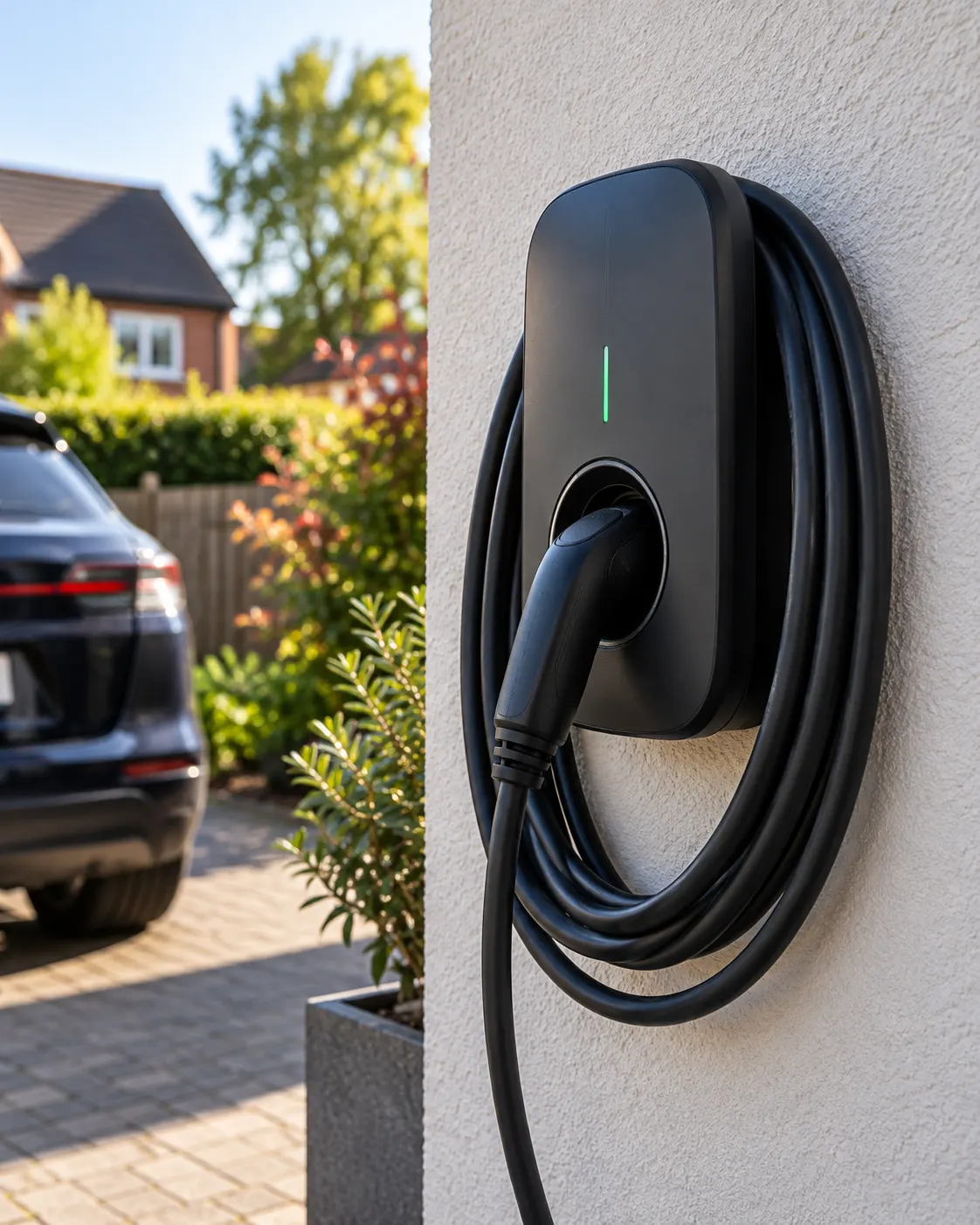 Tethered EV charger on a wall