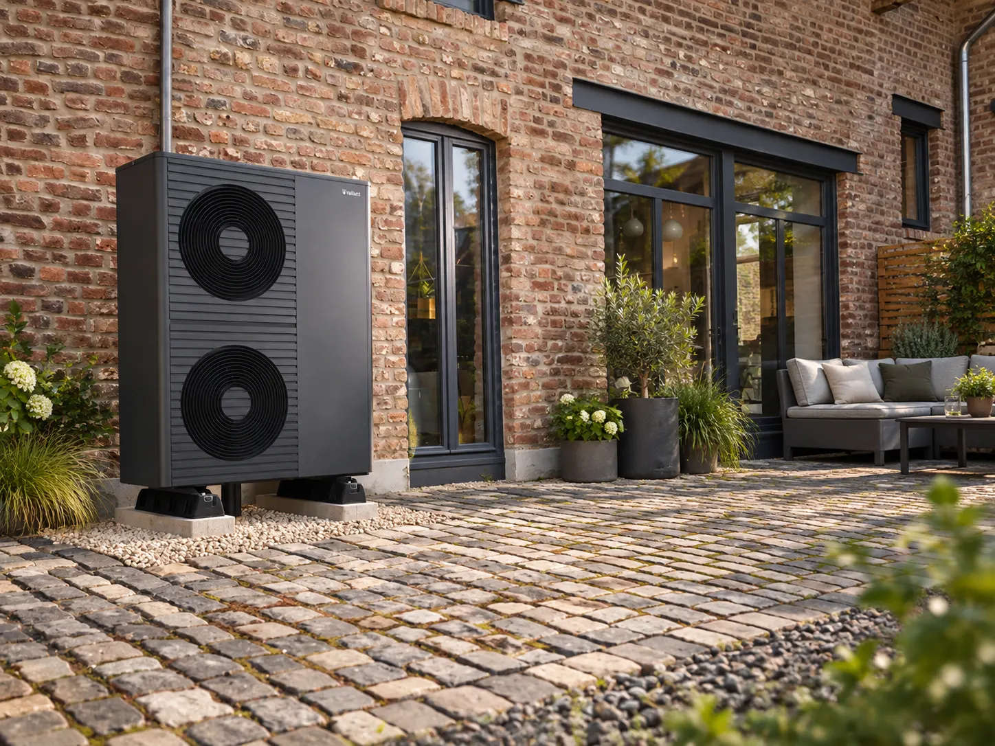 Heat pump in a brick courtyard