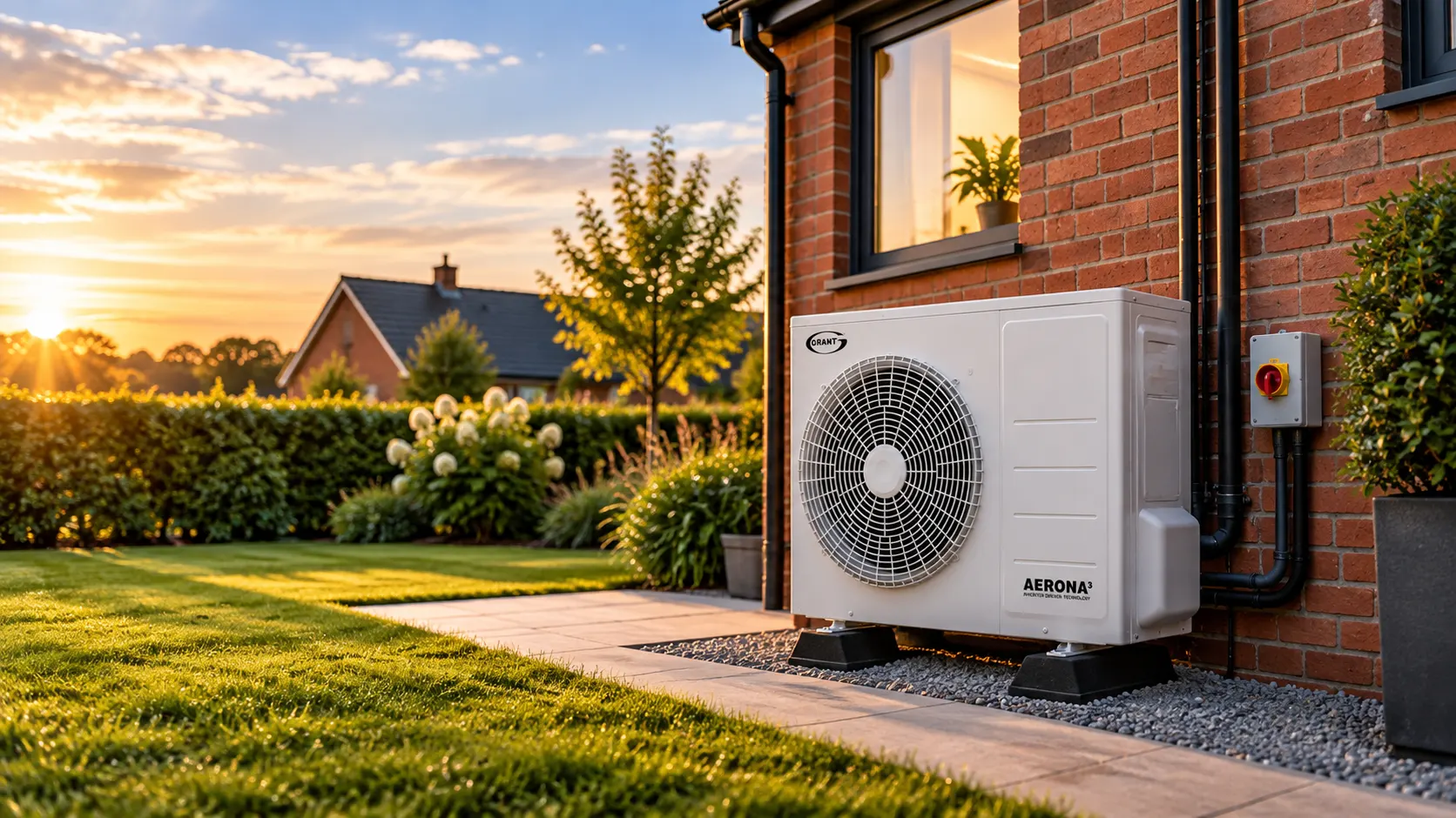 Heat pump in a sunlit garden