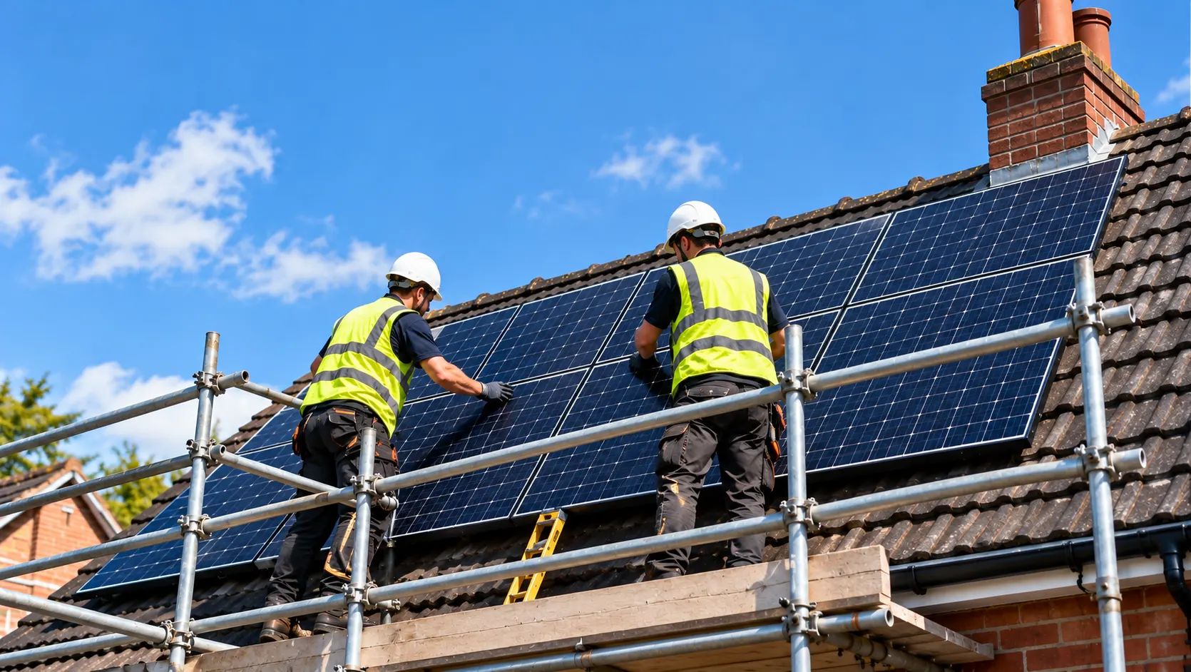 Two installers fitting solar panels from scaffolding